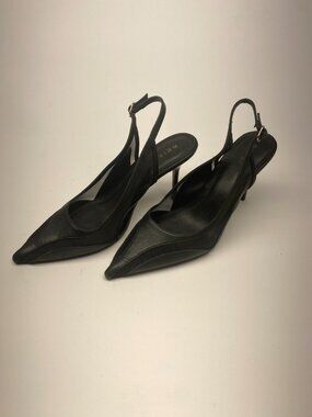 Reiss Womens Black Leather Pointy Mesh Slingback Heels Sz 9.5
